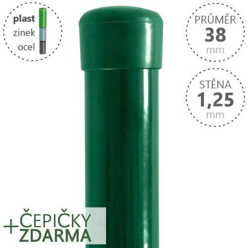 Plotové sloupky DAMIPLAST poplastované kulaté, průměr 38x1600x1,25 Zn + PVC zelené vč. zelené krytky
